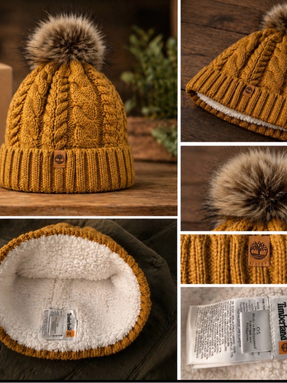 Timberland Mustard Cable Knit Beanie with Faux-Fur Pom